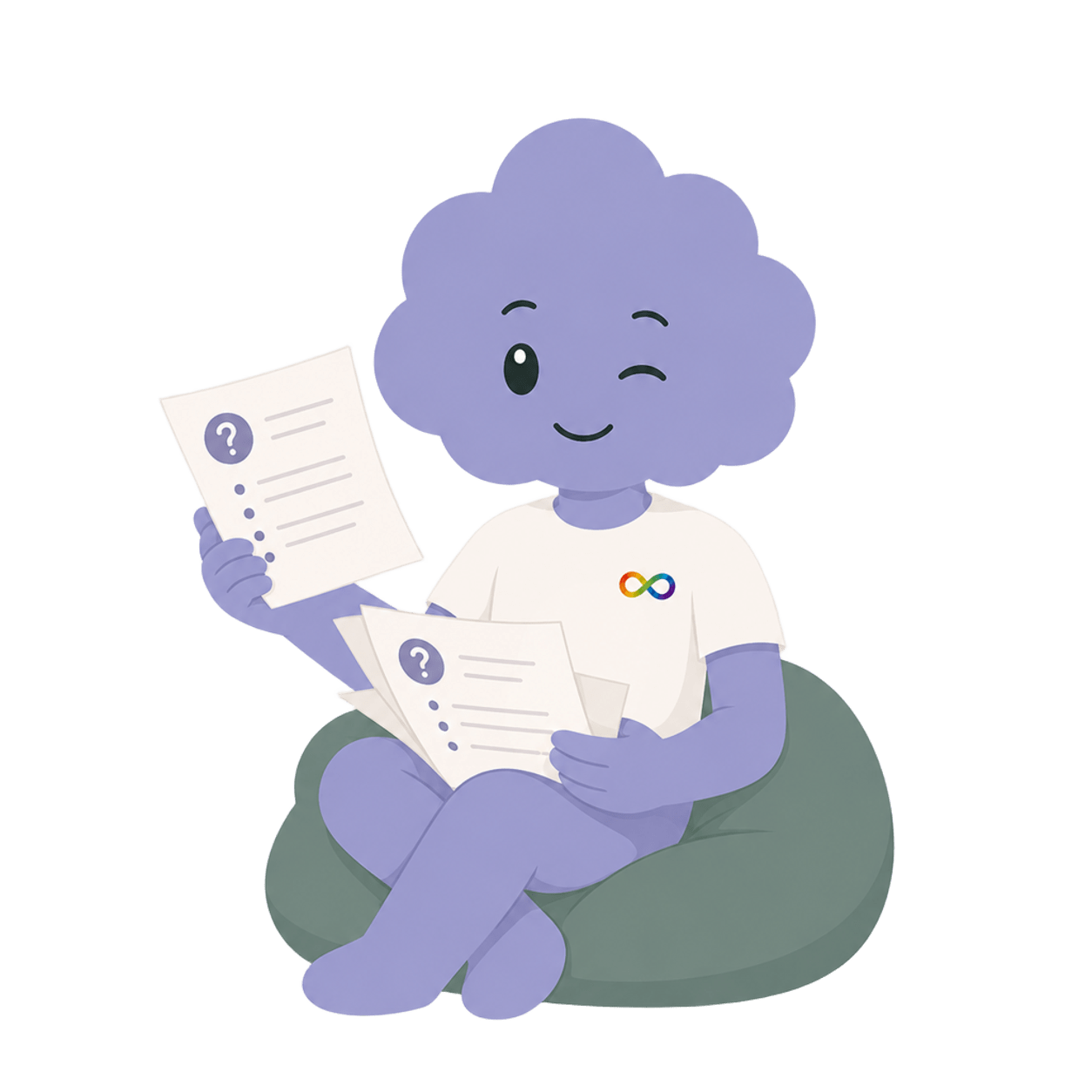 MindyMinds mascot sitting with example prompts