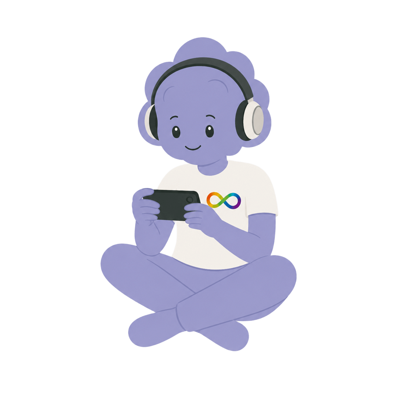 MindyPlay mascot playing a mobile game with headphones